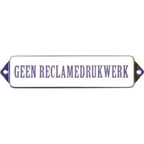 Emaille Tekst Geen reclamedrukw.12x3cm wit/blauw