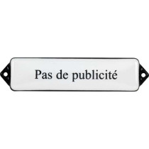 Emaille Tekst Pas de publicite 12x3cm wit/zwart