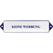 Emaille Tekst Keine Werbung 12x3cm wit/blauw